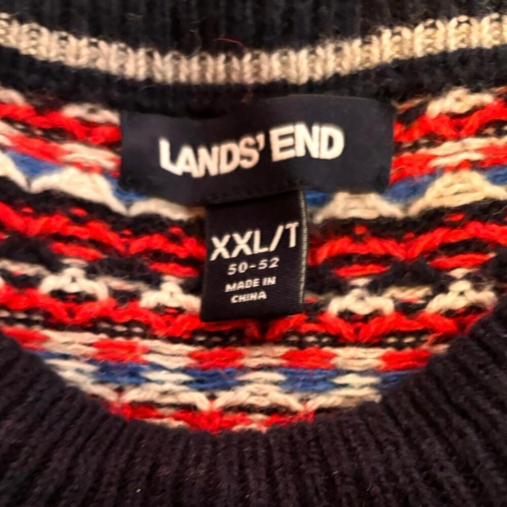 Lands’ End Men’s XXL/T Fair Isle Sweater | Navy Multicolor Crewneck - Picture 3 of 4